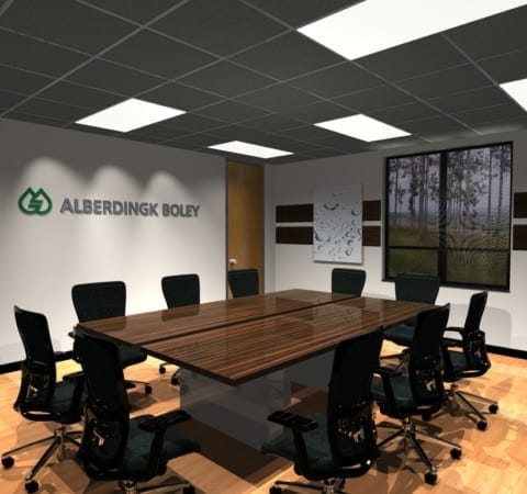 Custom conference room with wall-mounted 3D logo and custom millwork meeting table by Holt Environments