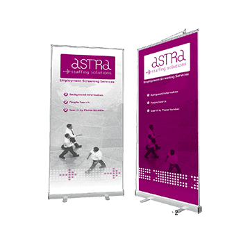 Duet double-sided 34 inch banner stands for branded environments and corporate interiors