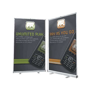 Duet double-sided 48 inch banner stand for branded environments and corporate interiors