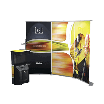 Exalt curved banner stand back-wall with arrive case for trade show events