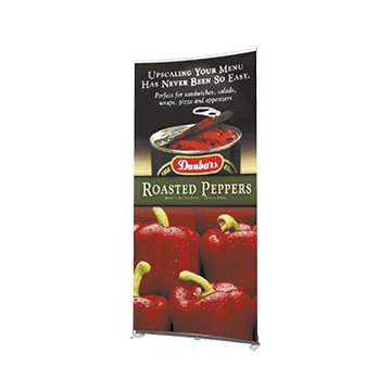 Exalt banner stand for advertising in trade shows, lobbies, and professional spaces