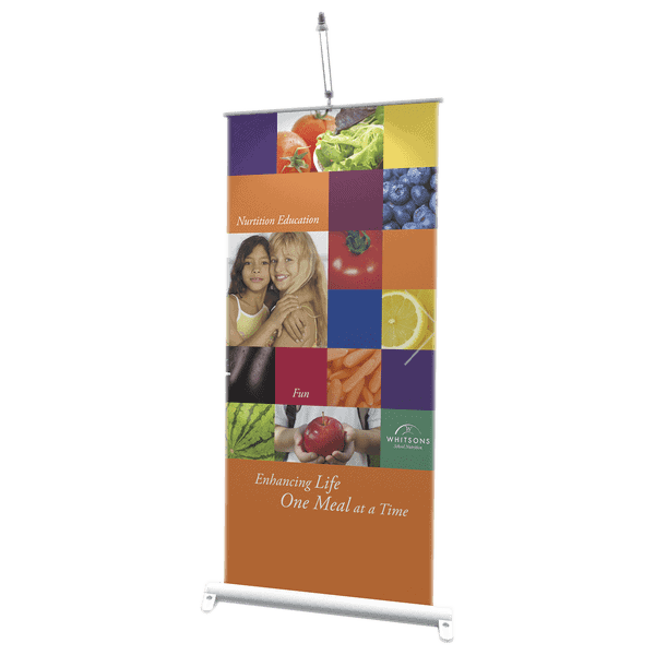 Myriad banner stand with LED light for branded environments and corporate interiors