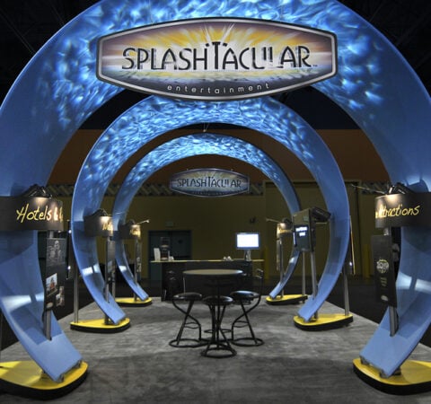 Splashtacular custom modular island trade show exhibit - front